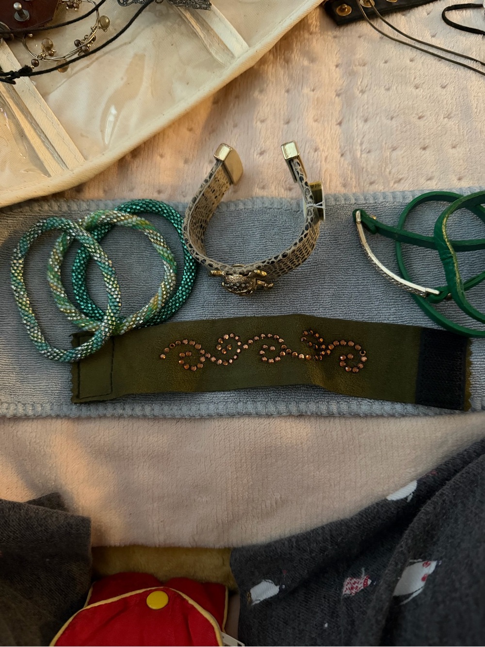 Green Beaded and Leather Bracelet Set